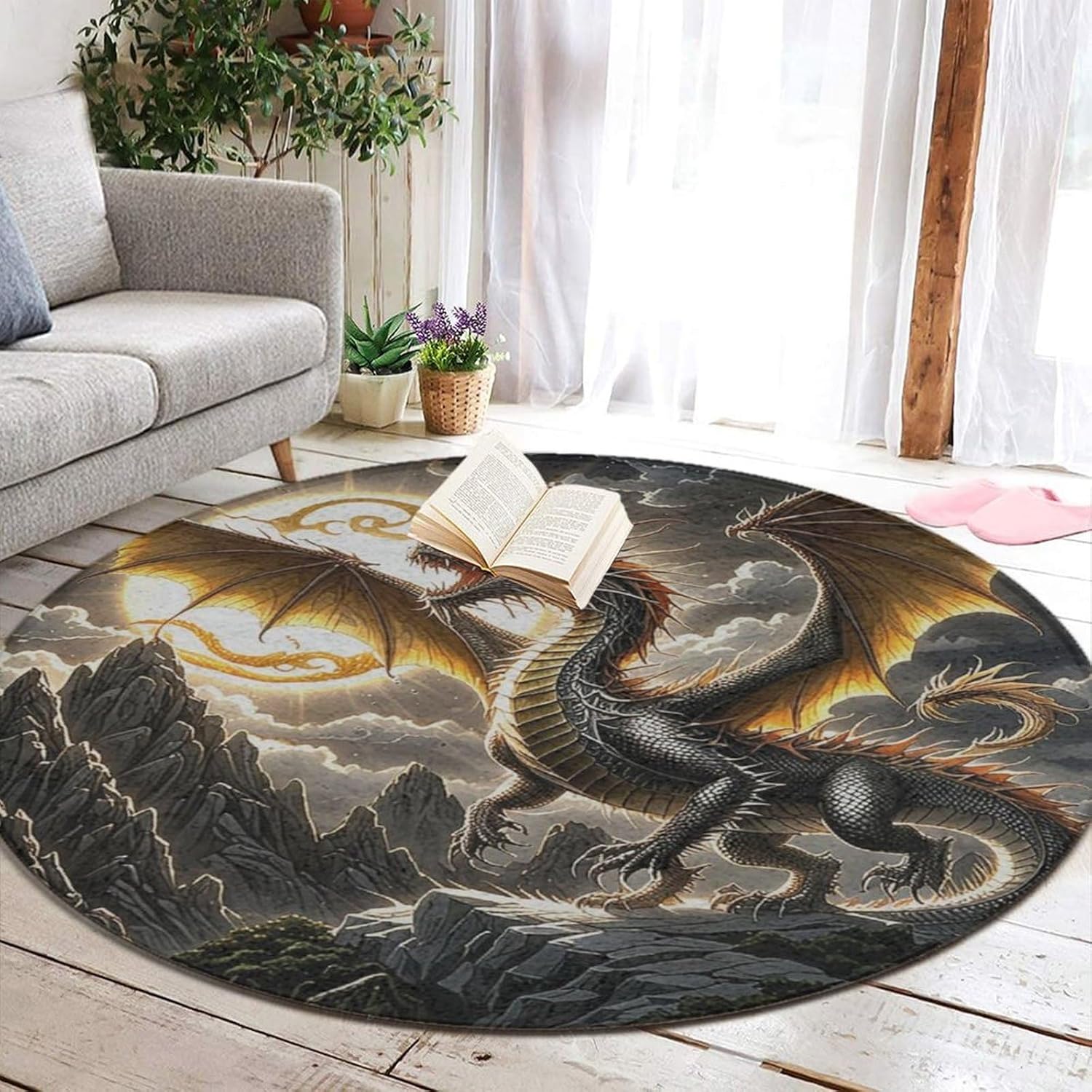 Home Bathroom Scene - Majestätischer Drachen-Rundteppich mit Fantasie-Bergszenerie und Goldenen