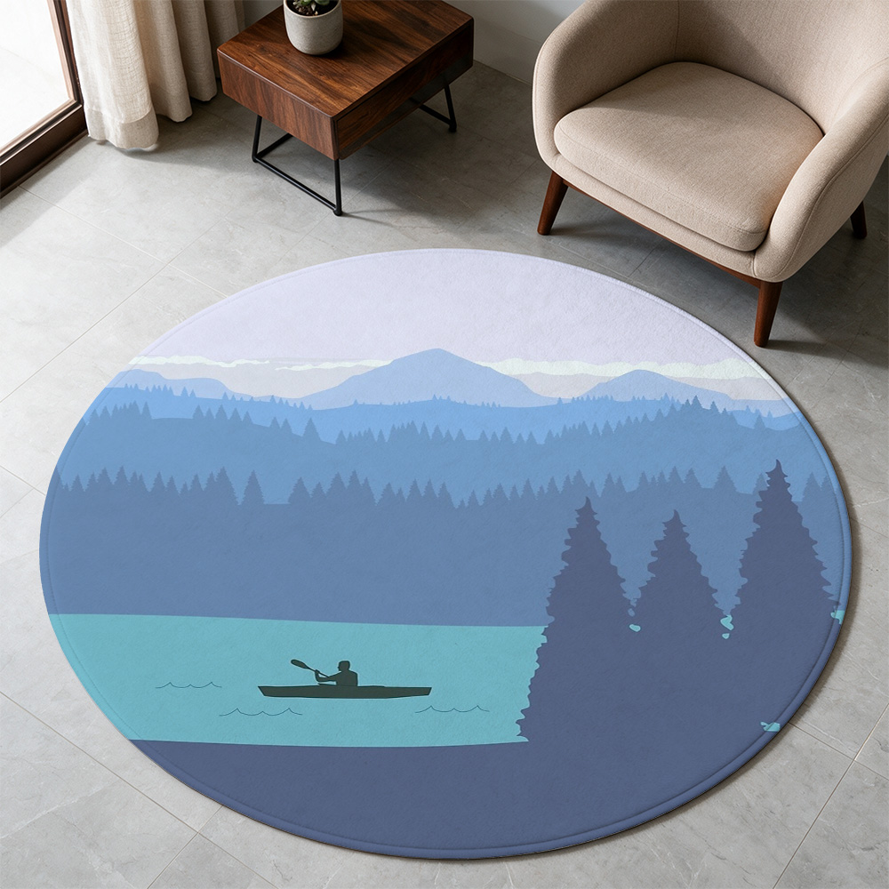 Home Bathroom Scene - Runder Teppich mit ruhiger Landschaft, blauen