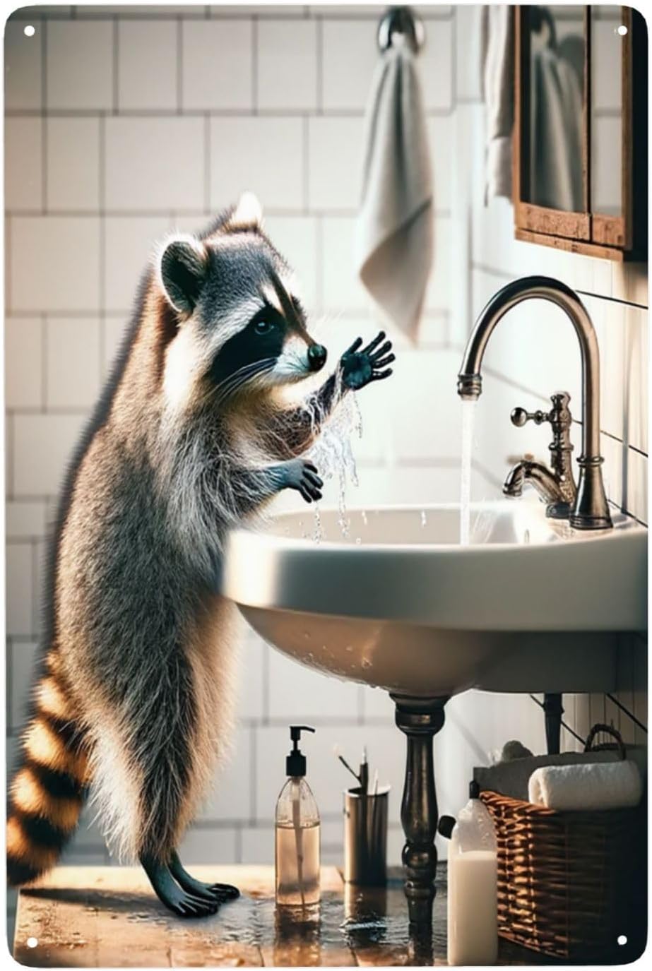 Home Bathroom Etiquette - Rustikales Waschbär-Badezimmer-Etikette-Metallschild, skurrile Wandkunst, Heimdekoration, antik-inspirierte