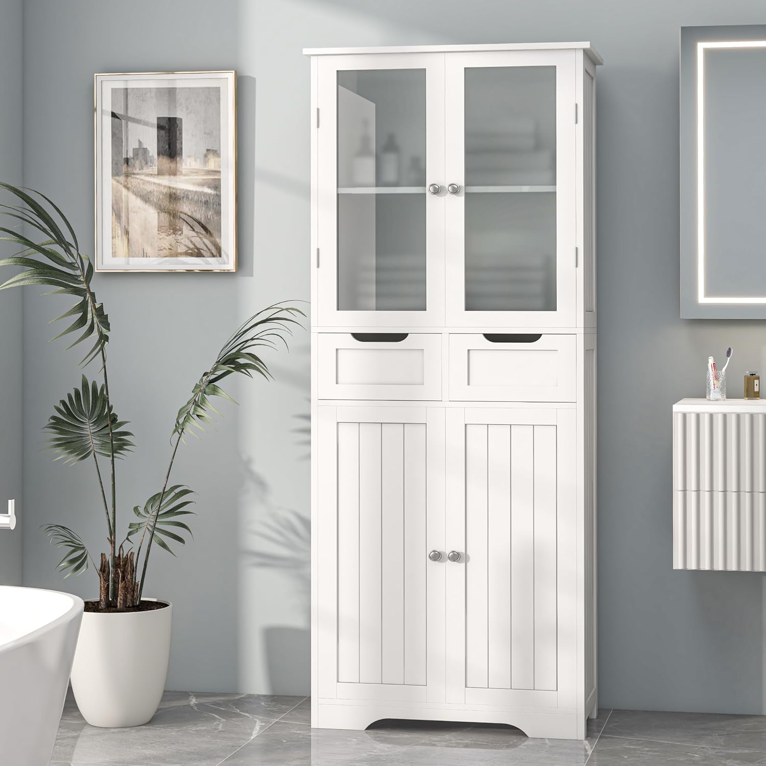 Home Bathroom Cabinets - Hoher Badezimmerschrank, freistehender Badezimmerschrank mit Glastüren,